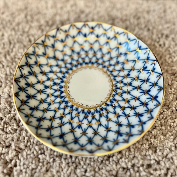 Lomonosov Imperial Russian Porcelain Tea Cup Saucer Plate Cobalt Blue Net Tulip - Picture 3 of 4